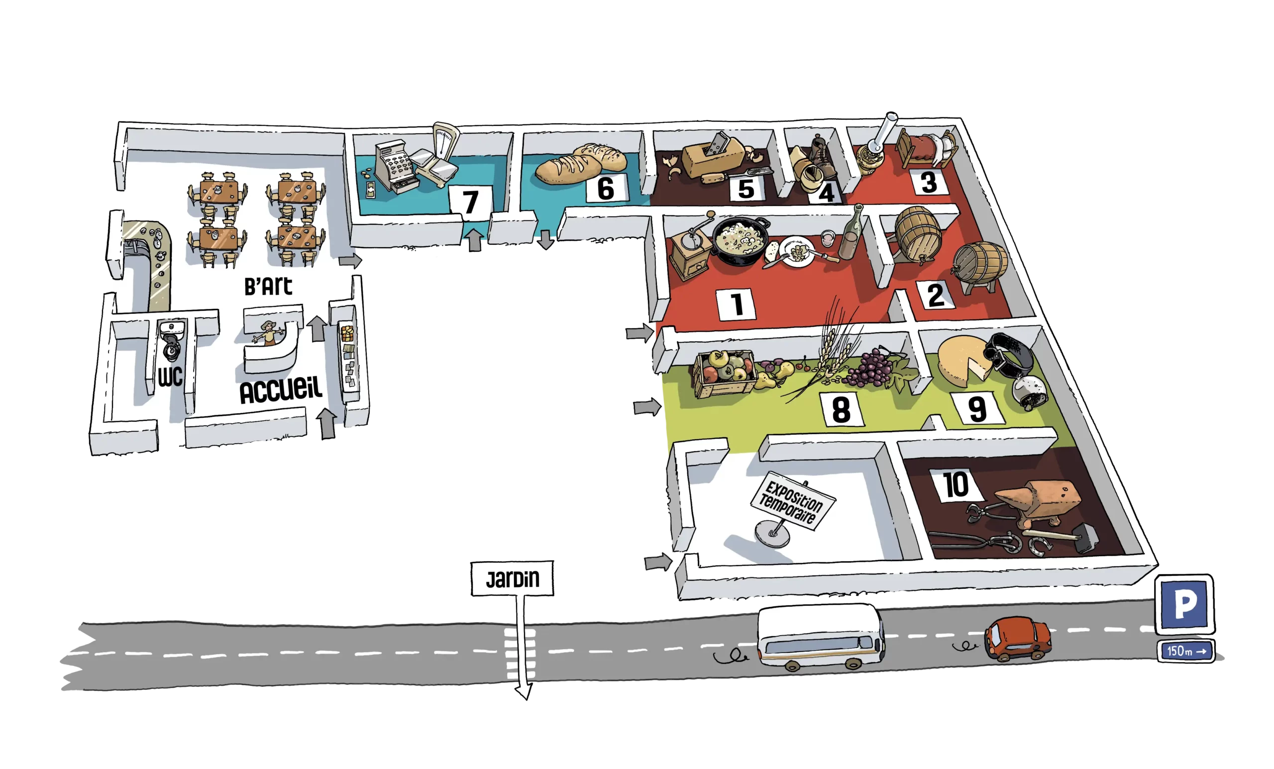 Plan illustré de Jérôme Phalippou du rez-de-chaussée du Musée de Fessy